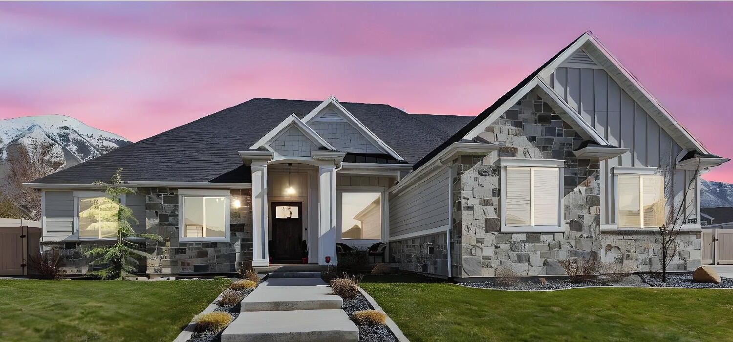 Professionally photographed Utah home exterior at twilight